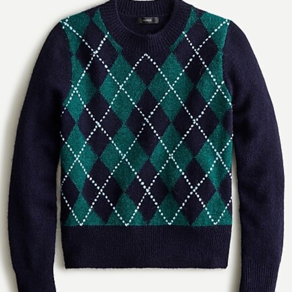J. Crew Argyle Cropped Crewneck Sweater in Heather Navy Spruce Aqua - Picture 3 of 7